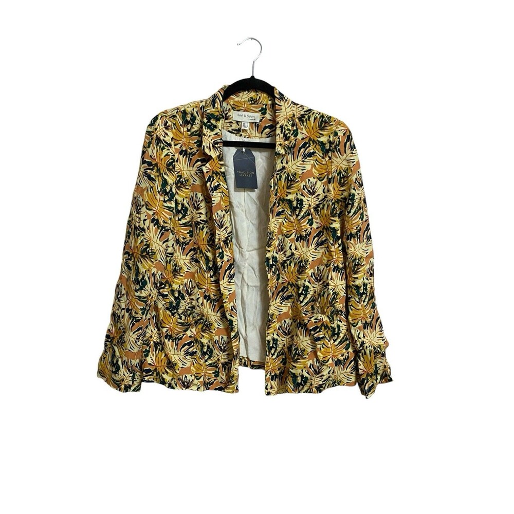 See U Soon Tropical Leaf Print Open Front Blazer M Mustard Green Lined NWT